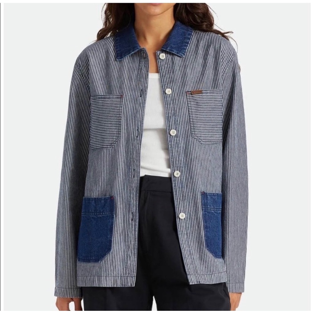 Brixton Womens Hickory Stripe Denim Chore Coat Jacket Blue White Size M